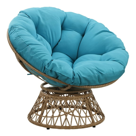 OSP Home Furnishings Papasan Chair- Blue Round Pillow Cushion- Natural Wicker Weave