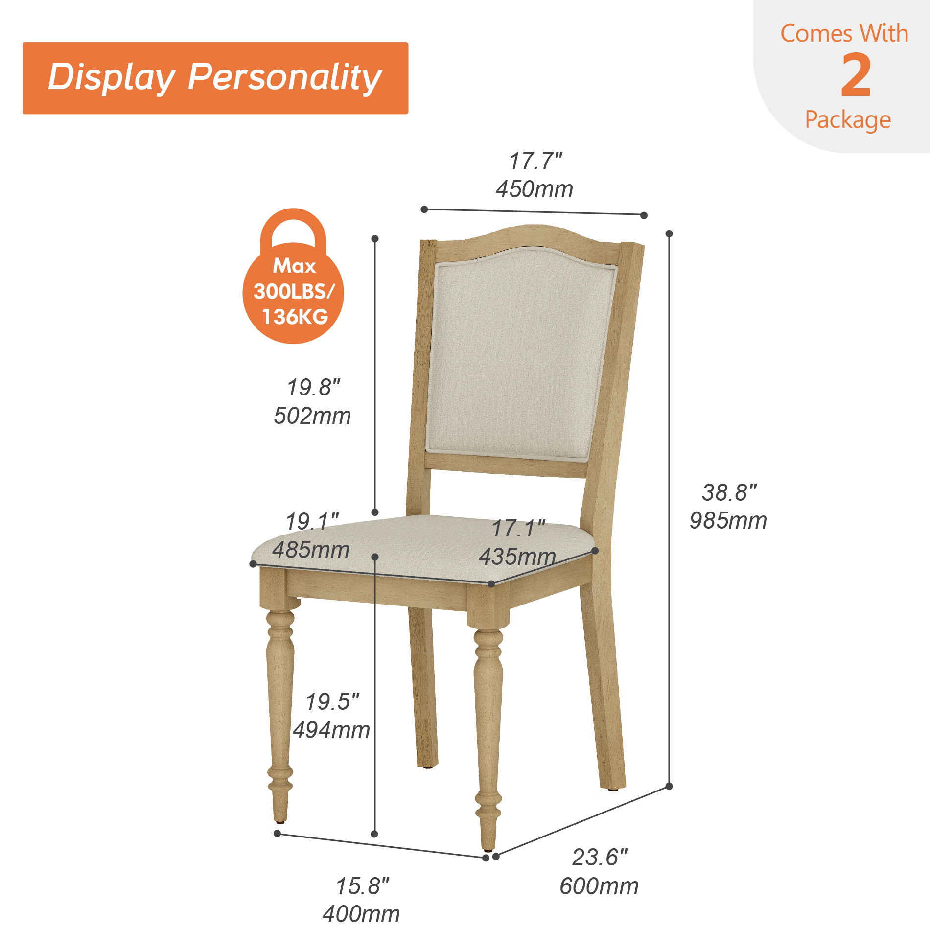 Set of 4 Dining Chairs with Upholstered Back & Seat, Farmhouse Kitchen Chair with Solid Wood Legs for Dining Room, Oak