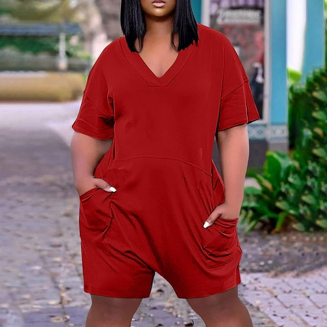 RBCKVXZ Combinaisons Grande Taille pour Femmes Été Décontracté Ample Col en V Manches Courtes Confortable Extensible une Pièce Longue Combinaisons Rouge XXXXXL