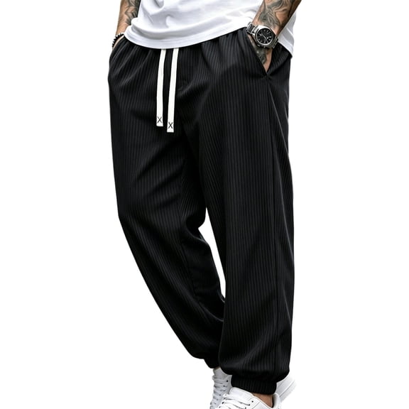 TKKCS Mens Casual Ribbed Jogger Pants- Elastic Waist Drawstring Cuffed Regular Fit Stretch Daily Wear Sweatpants with Pockets Black Size L