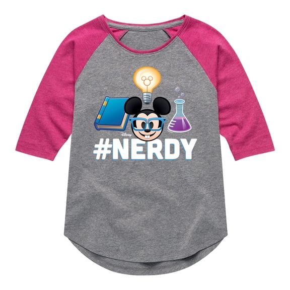 Disney Emoji - Nerdy Mickey - Toddler And Youth Girls Raglan Graphic T-Shirt