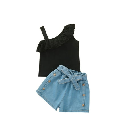 

Mioliknya Kids Girls Summer Tracksuit Lace Flounce Sleeveless Vest Elastic Denim Shorts