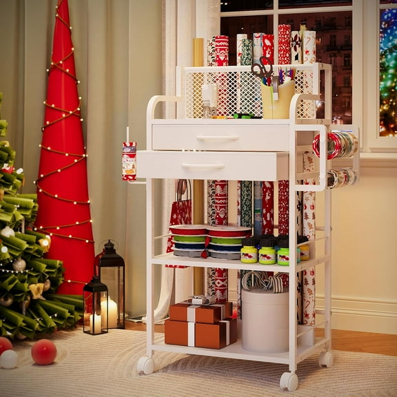 Rolling Wrapping Paper Storage Cart with 2 Drawers & Lockable Wheels, 3-Tier  Craft Gift Wrap Organizer with Ribbon and Cart Tape Holder for Crafts and  Supplies (White)