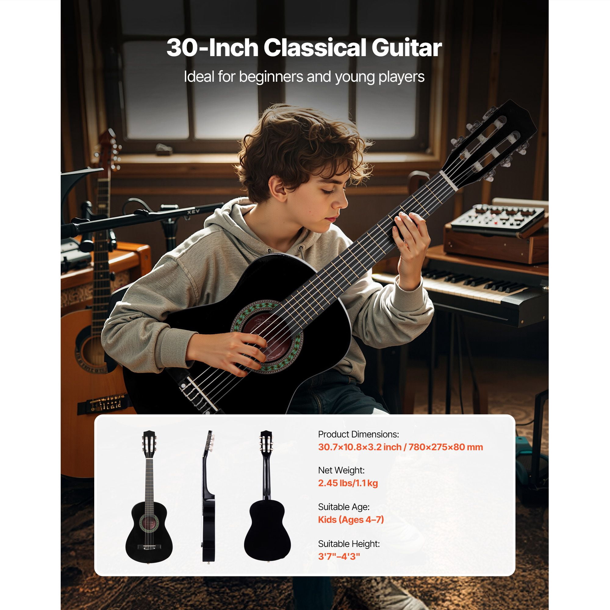 30 inch classical guitar starter kit, nylon strings, wooden, with guitar case, tuner, strap, black