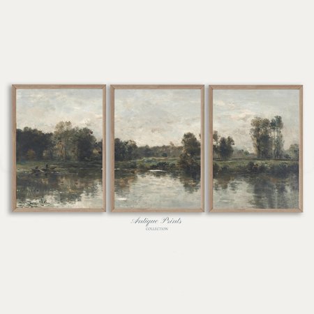 UNFFRAMED Vintage Pond Set Split, Rustic Country Wall Decor, Antique Countryside Poster, Landscape 3 Pieces Wall Art Set 3 Prints 8x12