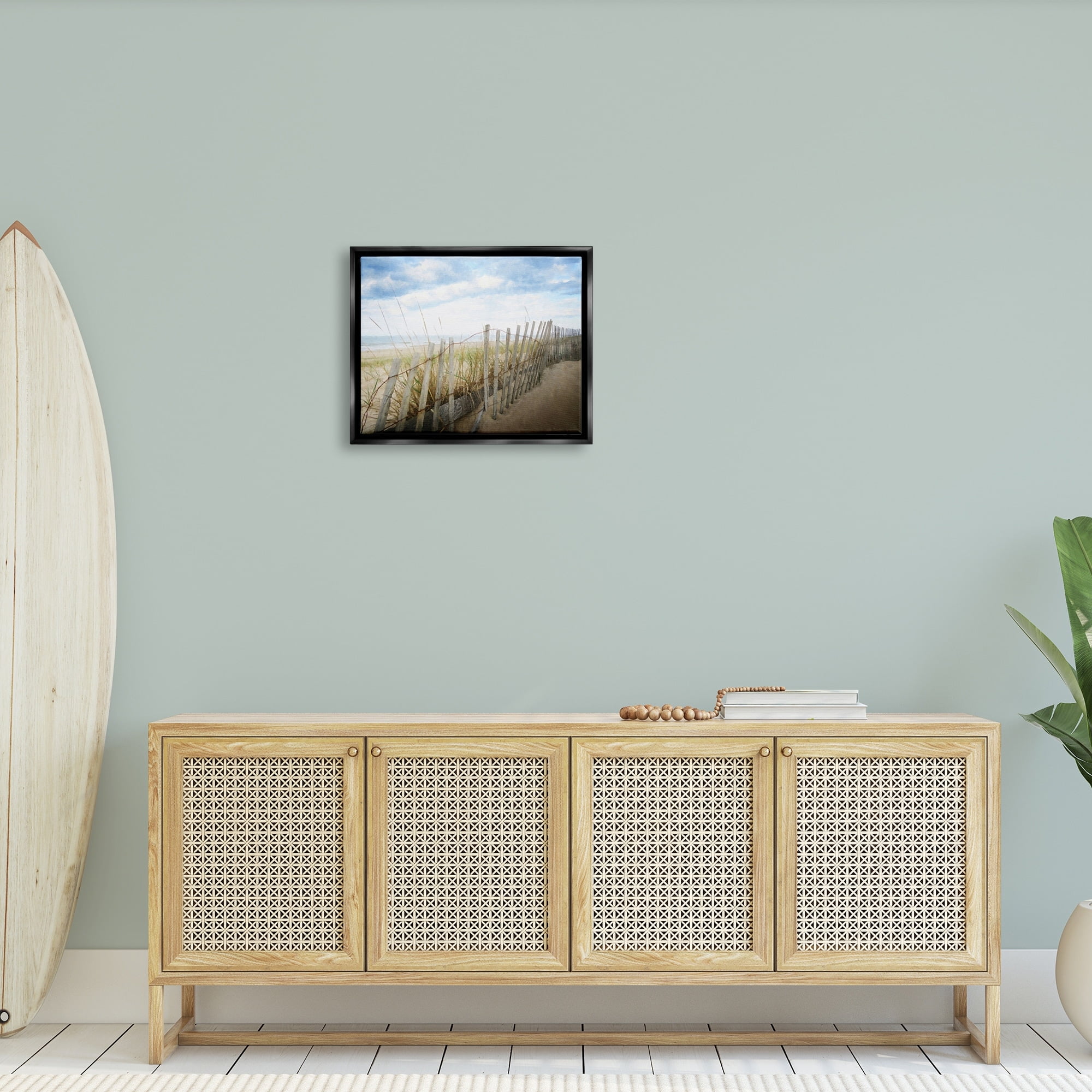 Stupell Industries Seaside Boardwalk Ocean Sand Fence Beach Grass Graphic Art Jet Black Floating Framed Canvas Print Wall Art, Design by Graffitee Studios