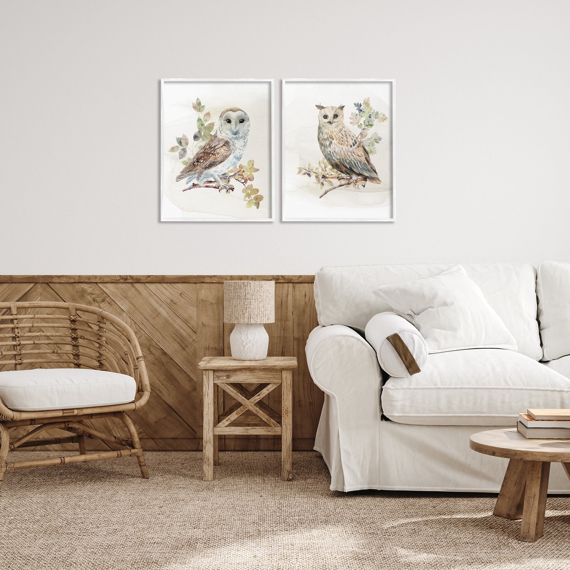 Stupell Industries Owls Perched in Foliage 2 Piece White Framed Giclee Art Set, design by CAD Designs