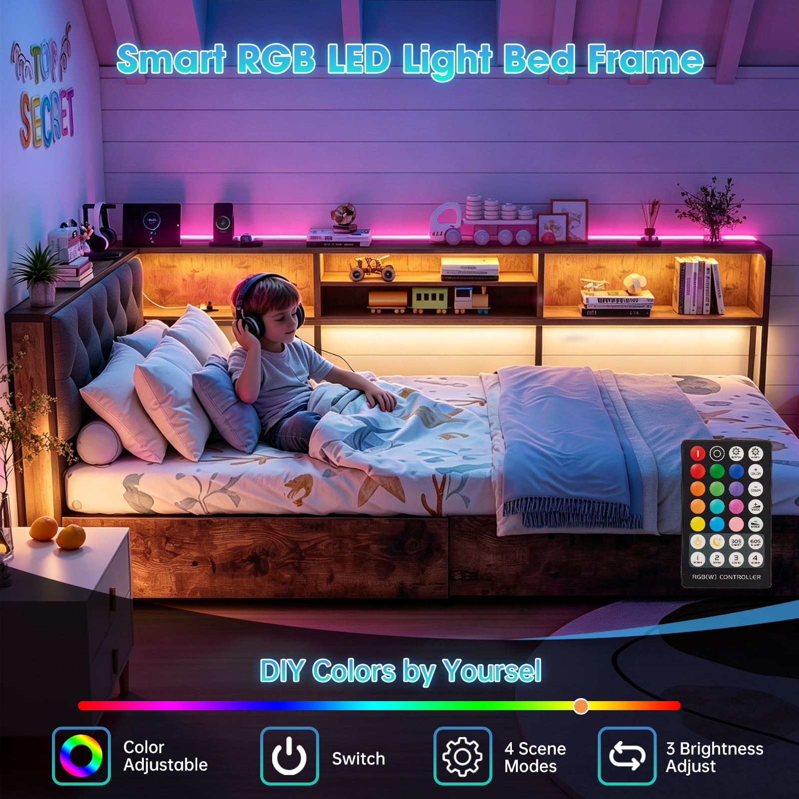 Leumius Twin XL Size Corner Daybed Frame, Upholstered Headboard with Bookcase Storage, 2 Drawers LED Lights & Charging Station, Noise‑Free Metal Bed Frame Brown