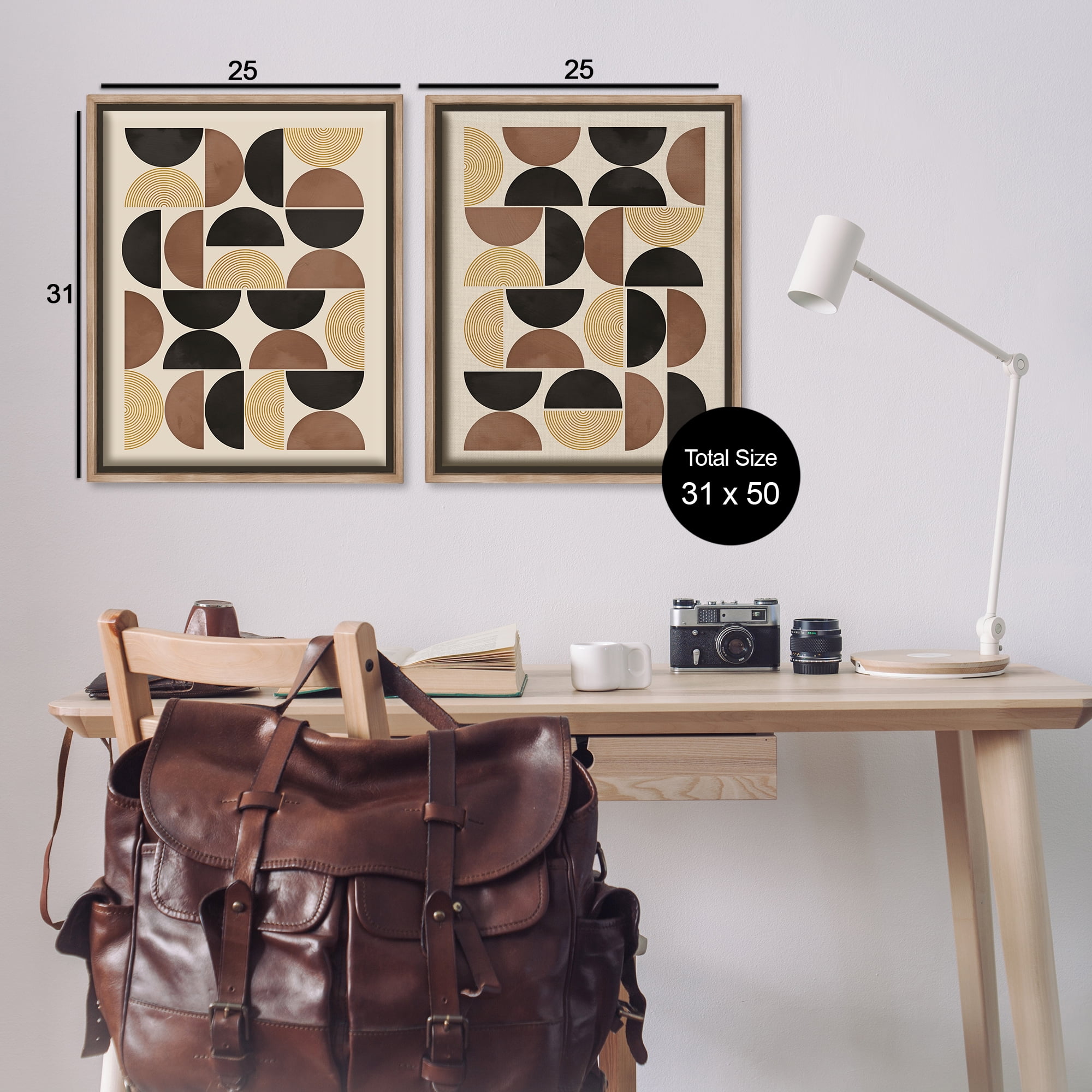 Stupell Industries Midcentury Geometric Semicircles Abstract Painting Brown Floater Framed Canvas Art Print Wall Art, 31 x 25, Set of 2