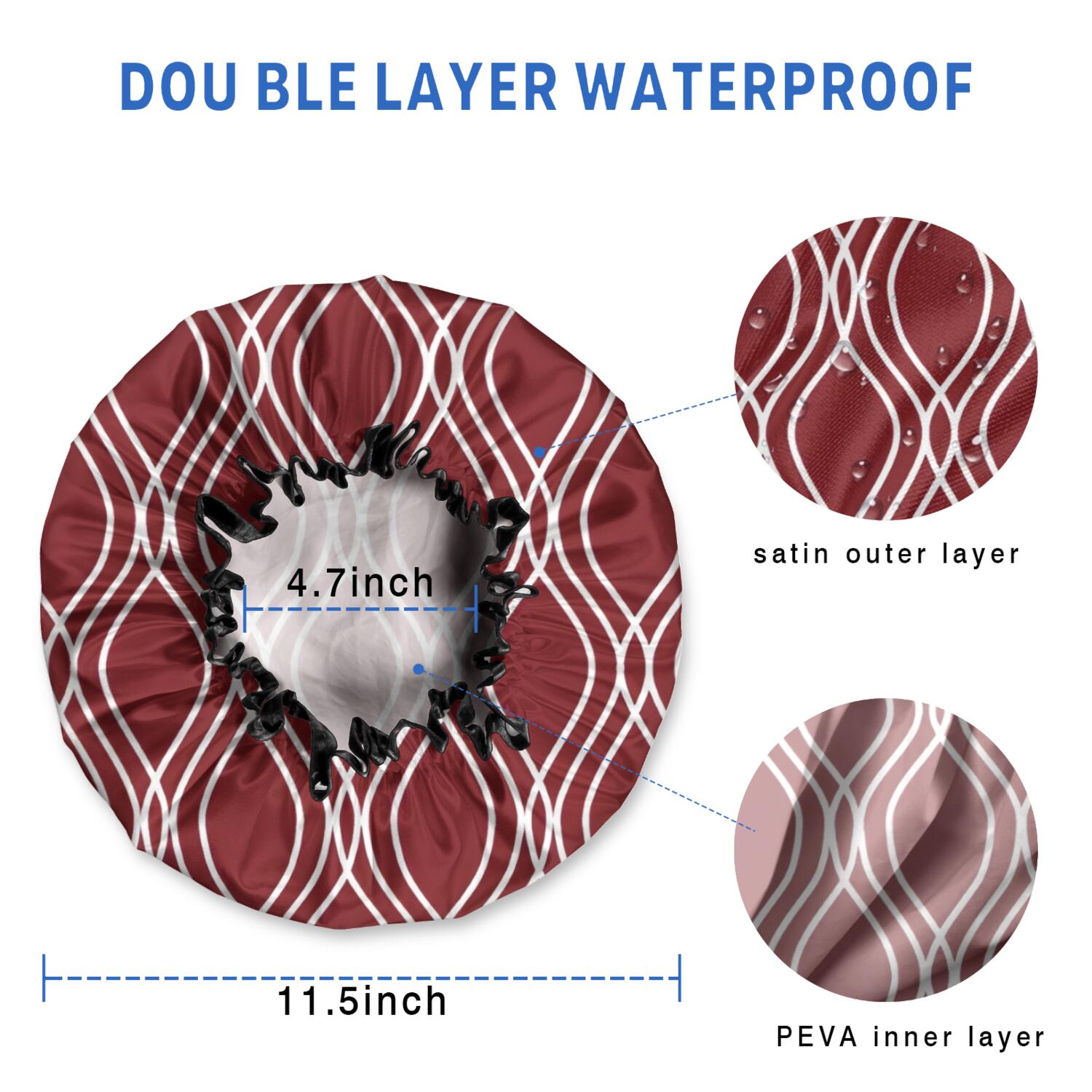 Shower Caps,Burgundy and White Wavy Pattern Waterproof Shower Cap for Women 4 Pieces,Double Reusable Hair Cover for Shower PEVA Elastic Stretch Hem