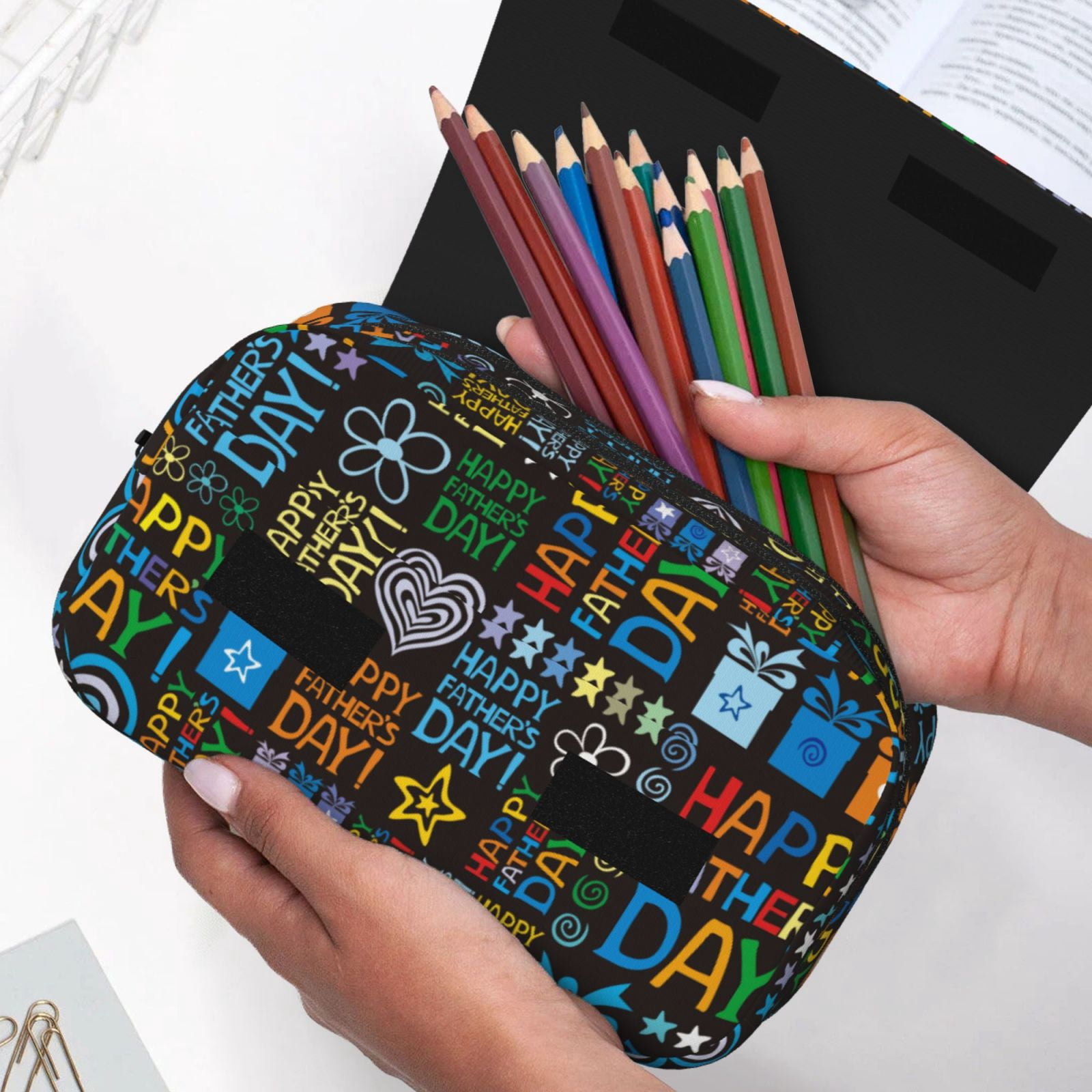 Rateoe Happy Father Day Pattern Double Clamshell Pen Case, Storage Organizer with Two Zipper Compartments– Holds Up to 50 Pencils & Pens