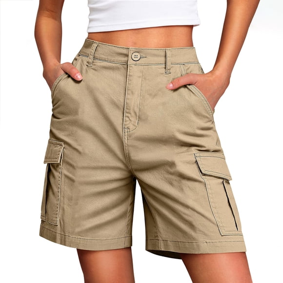 Oksale Bermuda Cargo Shorts for Women Plus Size Casual Knee Length Twill Shorts with Pockets High Waisted Summer Shorts Khaki L
