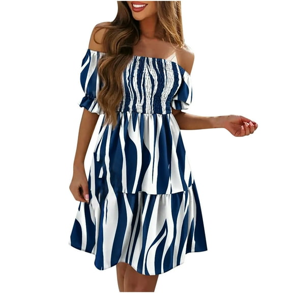 ICHUANYI Women's Elegant Print Short Sleeve Shoulder Shirred Dress Summer Clearance
