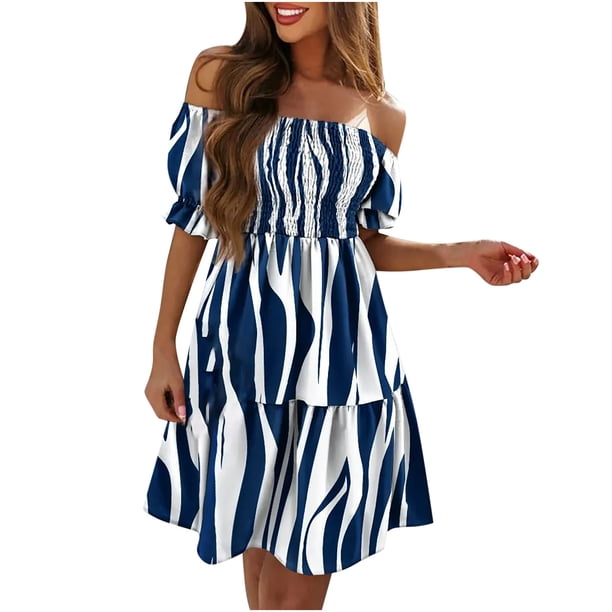 Vestidos Para Mujer Vestidos Con Hombros Descubiertos Vestido de Manga Corta Con Estampado Erógeno Fruncido Odeerbi ODB159562