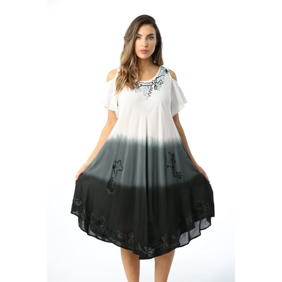 Riviera Sun Womens Cold Shoulder Ombre Tie-Dye Sundress Lightweight Casual Beach Dress & Swimsuit Cover-Up (Black / White, Small)