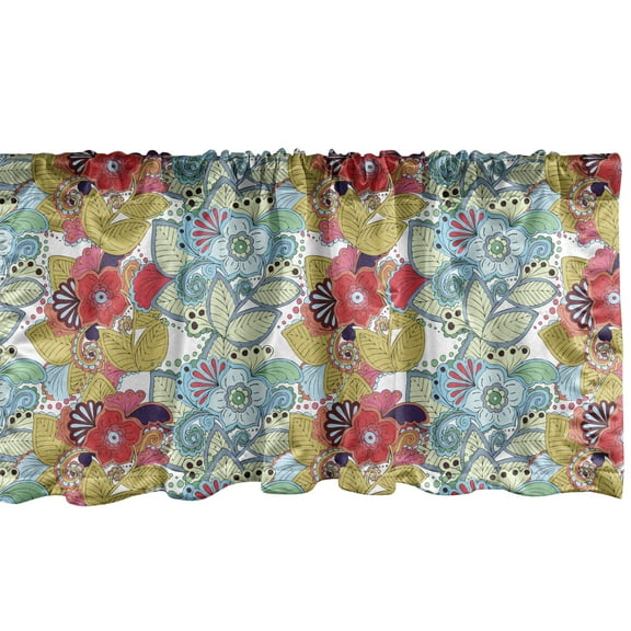 Ambesonne Floral Valance Pack of 2, Colorful Blossoms and Leaves, 54"X12", Pale Teal and Dark Coral