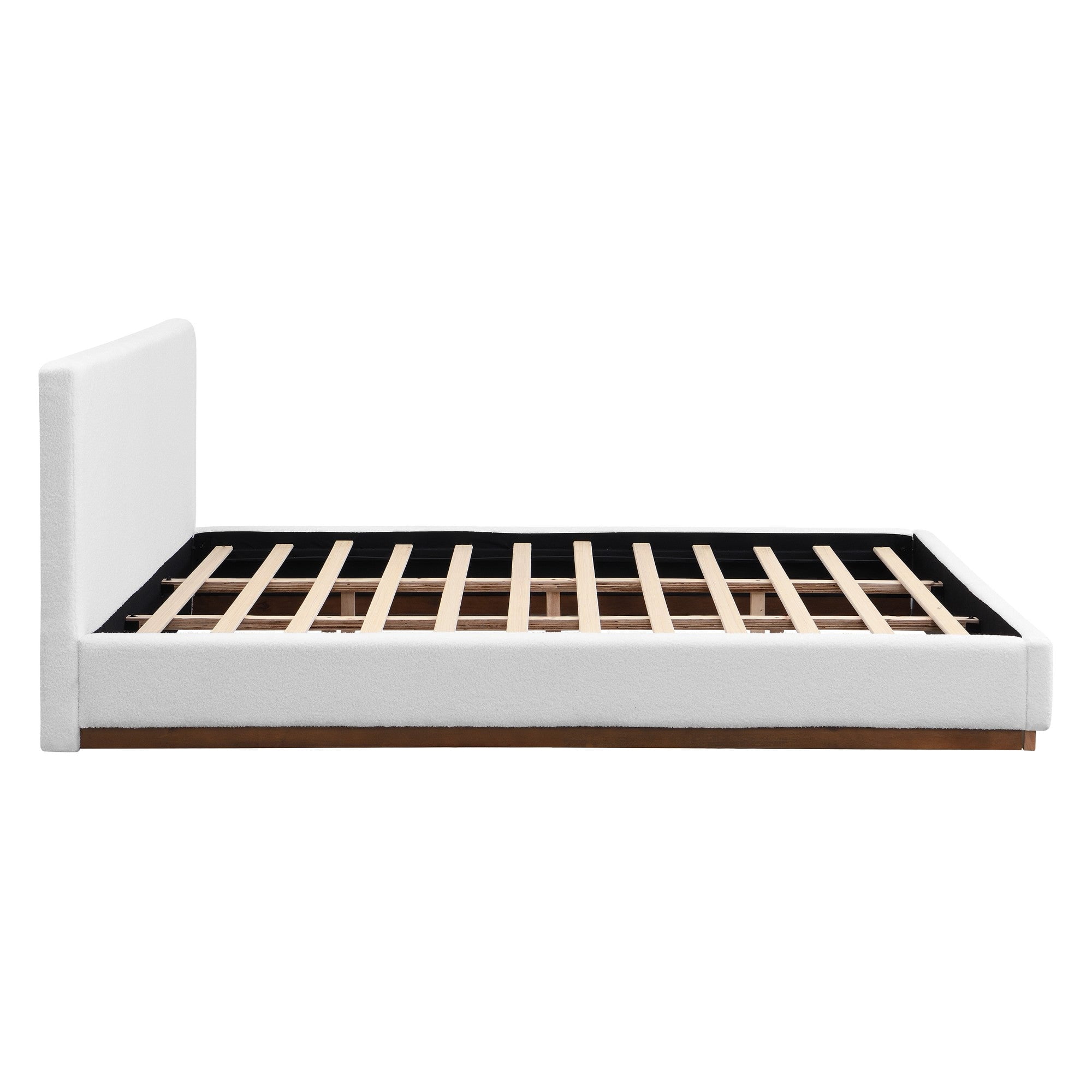 Sailvan King Upholstered Platform Bed Frame with Solid Wood Base,Elegant White Fabric Bed with Wood Grain Texture,Sturdy Slat Support,White
