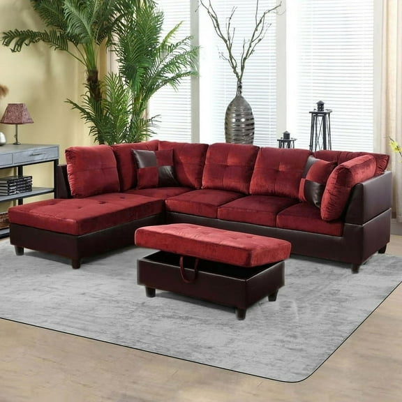 PonLiving 3 Piece Living Room Sectional Sofa Set w/ Right Facing Chaise, Storage Ottoman, Red