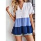 thumbnail image 5 of Top de verano para mujer, manga corta, cuello en V, botón frontal, bloque de color, dobladillo con volantes, Top para mujer azul L, 5 of 8
