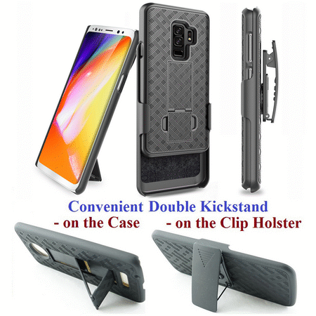 for 6.2" Samsung S9 + PLUS Galaxy S 9 + PLUS Case Phone Case Belt Clip Holster 2 Kickstand Rugged Slip Resistant Grip Grids Bumper Cover Black CASE ONLY