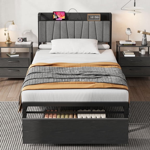 Twin Size Bed Frame with Storage Drawer, Industrial Twin Platform Bed with Upholstered Headboard and Charging Station, No Box Spring Needed, Black