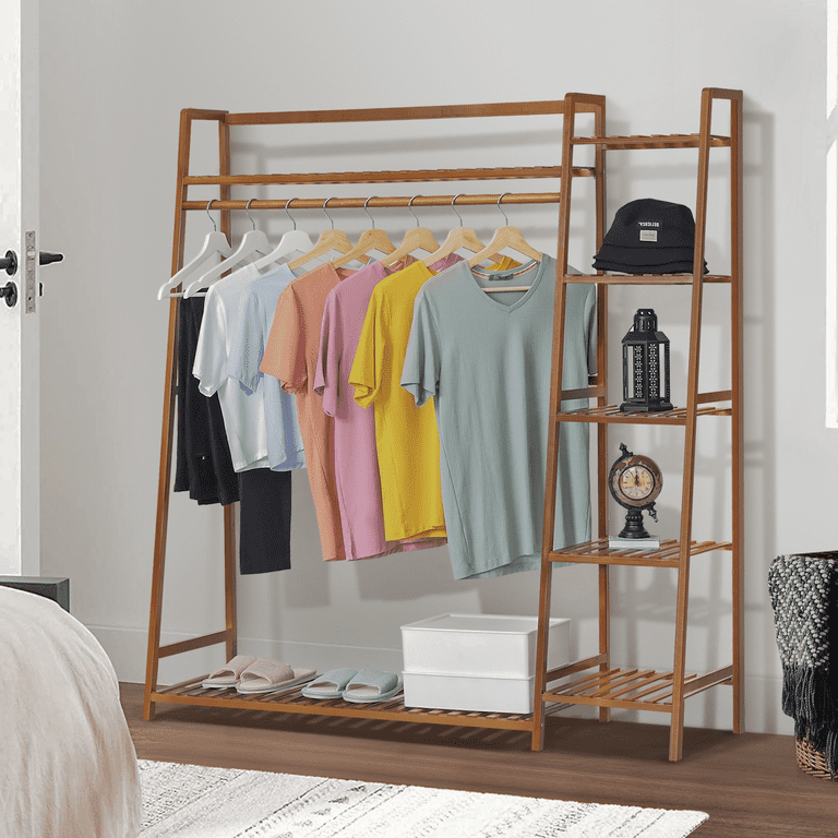 Natural Wood Bamboo Trapezoid Storage Shelves Clothes Hanging Rack