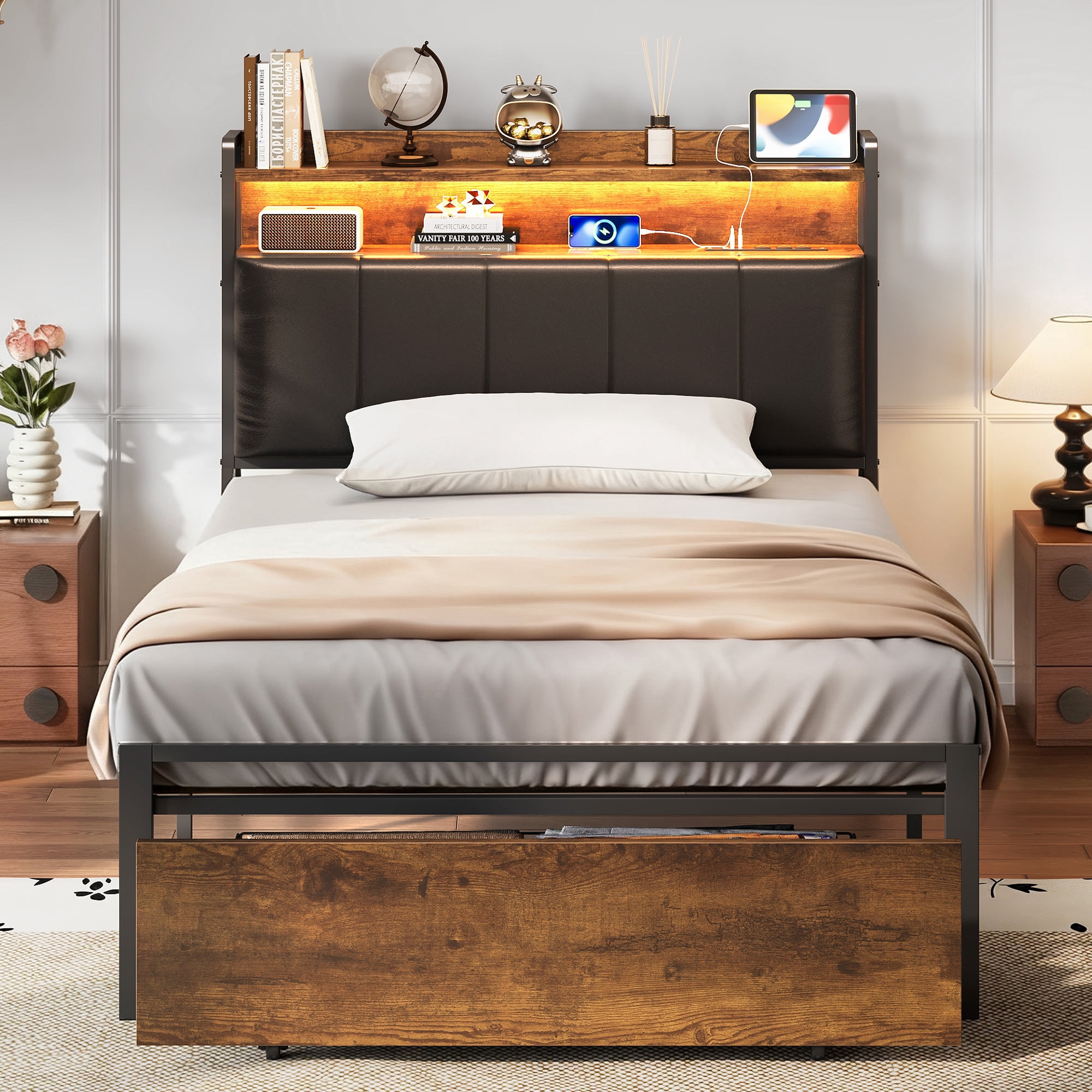 Bed Frame Twin Size with Storage Headboard and Drawer, Upholstered Platform Bed with Charging Station and LED Light, Heavy Duty Frame Support, No Box Spring Needed, Noise Free, Vintage