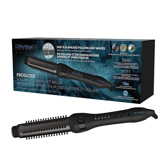 REVAMP Progloss Professional Ceramic Heated Hair Straightening Brush, Automatic Shutoff, Black