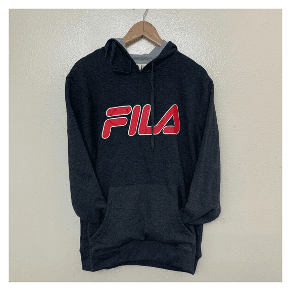 Fila Men's Filled Outline Graphic Logo Front Pocket Heavy Fleece Hoodie Blk H L
