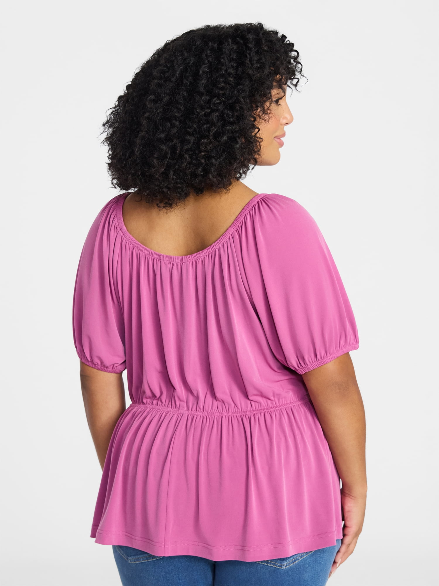 Terra & Sky Women's Peplum Top with Short Puff Sleeves, Sizes 0X-5X