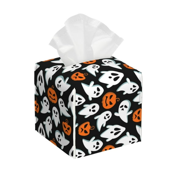 Leather Tissue Box Cover Square - halloween ghost pumpkins print Waterproof Tissue Box Holder Paper Case Organizer Dispenser for Modern Home Office Room Home Bathroom Decor