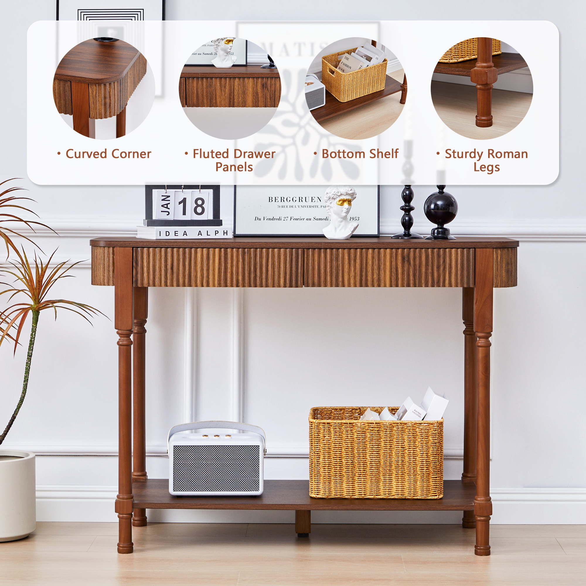 YOCWO Roman Column Console Table, Fluted Sofa Table with 2 Drawer and Open Shelf for Storage, Mid Century Modern Entryway Table for Living Room Hallway, Walnut