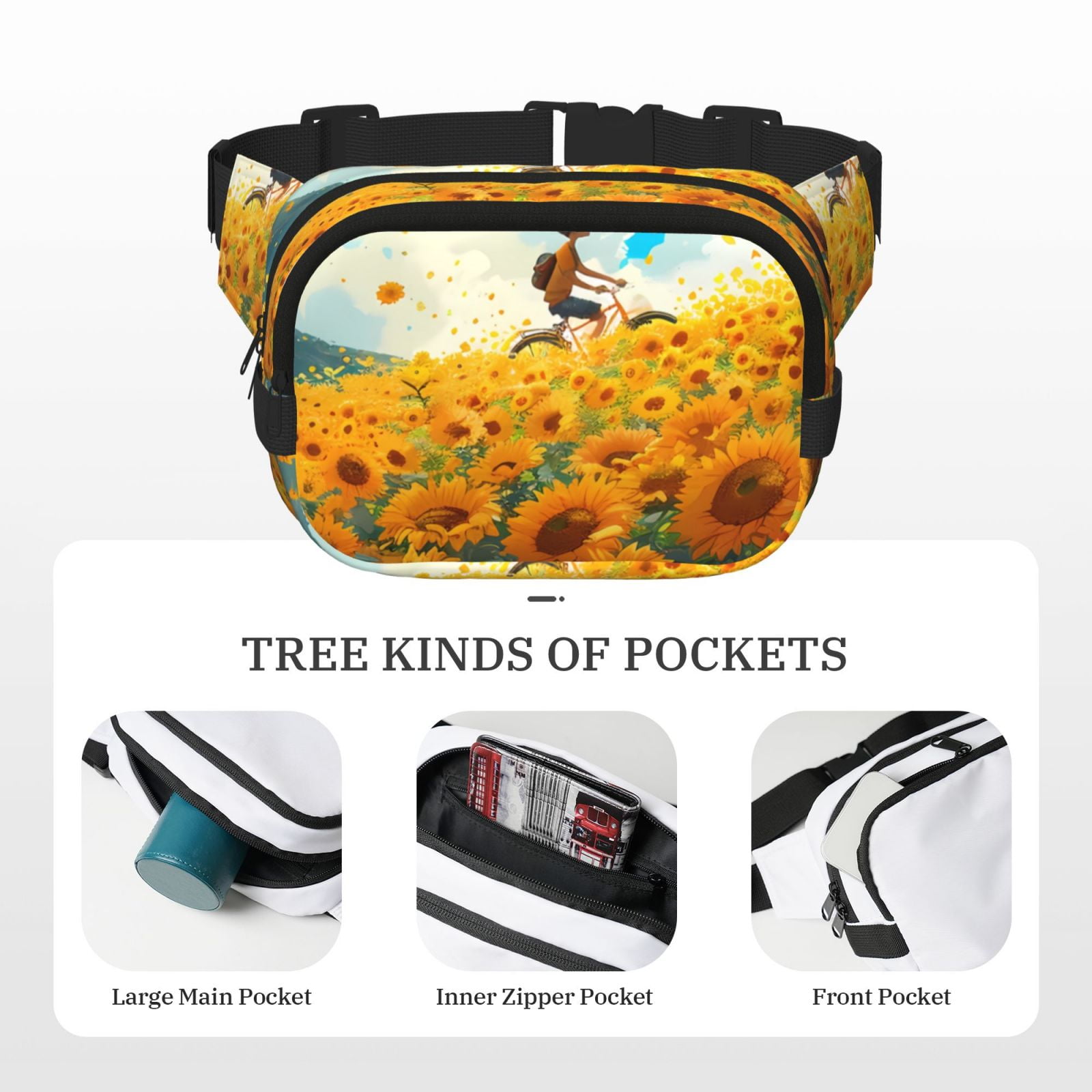 Picia Clear Sky Sunflower Print Square Double-Layer Waist Bag Mini Adjustable Waist Belt Bag Exercise Running Travel Hiking