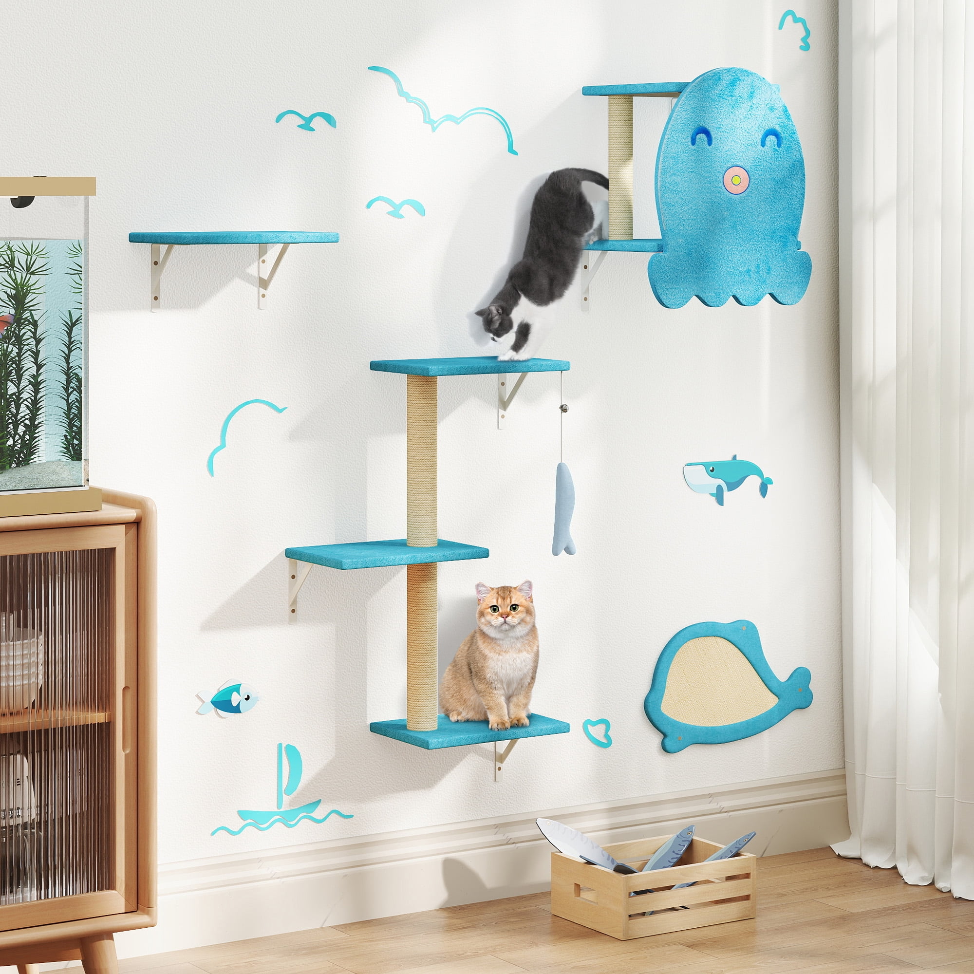 Cat Wall Furniture，Sturdy&Safe 4 in 1 Cat Wall Shelves,Fashion Unique Wooden Cat Climber with Cat House，Scratching Board & Cat Tree（Ocean Blue）