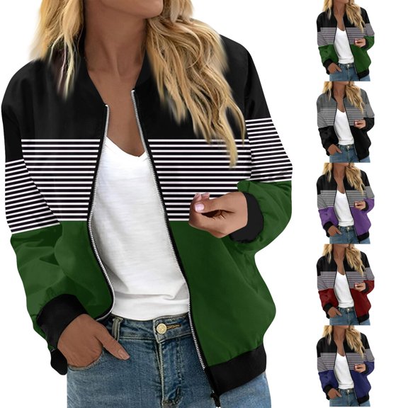 OIOLOYJM Sweatshirt for Women Casual Color Block Stripe Baseball Lightweight Long Sleeve Full Zip Bomber Jackets with Pockets Winter Cozy Loose Fit Fashion Outfits Green L