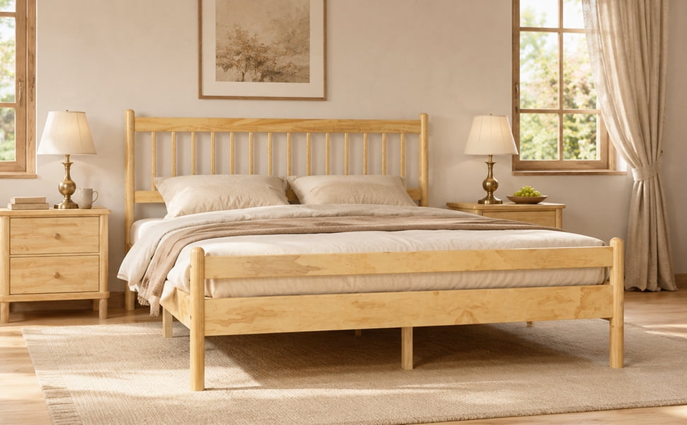 Mintazer Traditional Queen Size Platform Bed with Headboard and Footboard, Vintage Headboard Bed Frame for Bedroom, Natural