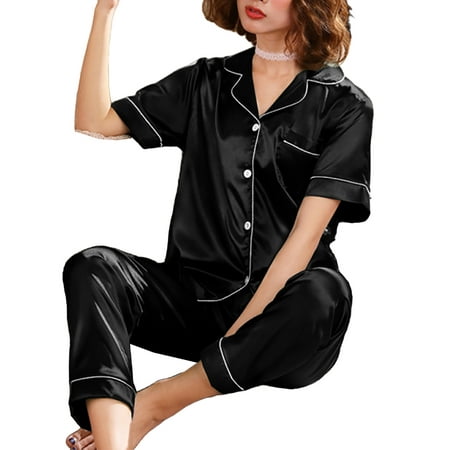 

Zdcdcd Plus Size L-XL Womens Comfy Home Loungewear Satin Silk Buttons Pajamas Sleepwear Set