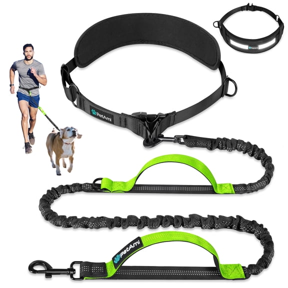 PetAmi Heavy Duty Hands Free Dog Leash, Adjustable Waist Belt for Large Dog Walking Up to 125 lbs, Bungee Leash for Pet Running, Hiking, Reflective Safety for Jogging, Biking, Green Handle