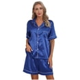 thumbnail image 3 of TiaoBug Women Mens Pajamas Set Satin Lapel Short Sleeve Shirts with Shorts 2-Piece Nightwear Royal Blue XL, 3 of 7