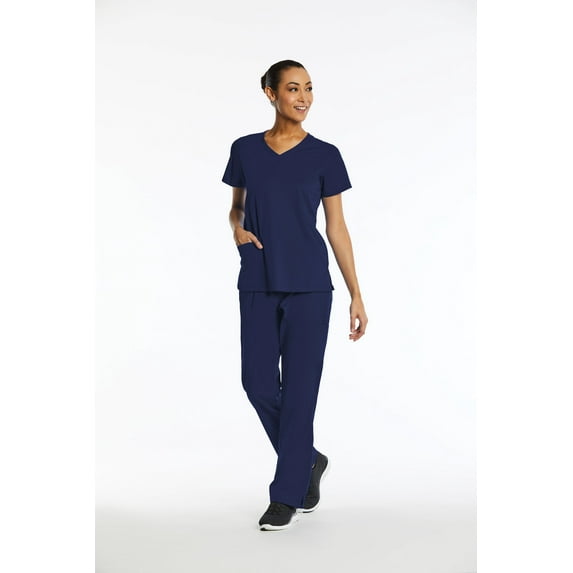 Elements Women's EL9945 Mock Wrap Scrub Top and Half-Elastic Waistband Scrub Pant Set Navy Small Petite