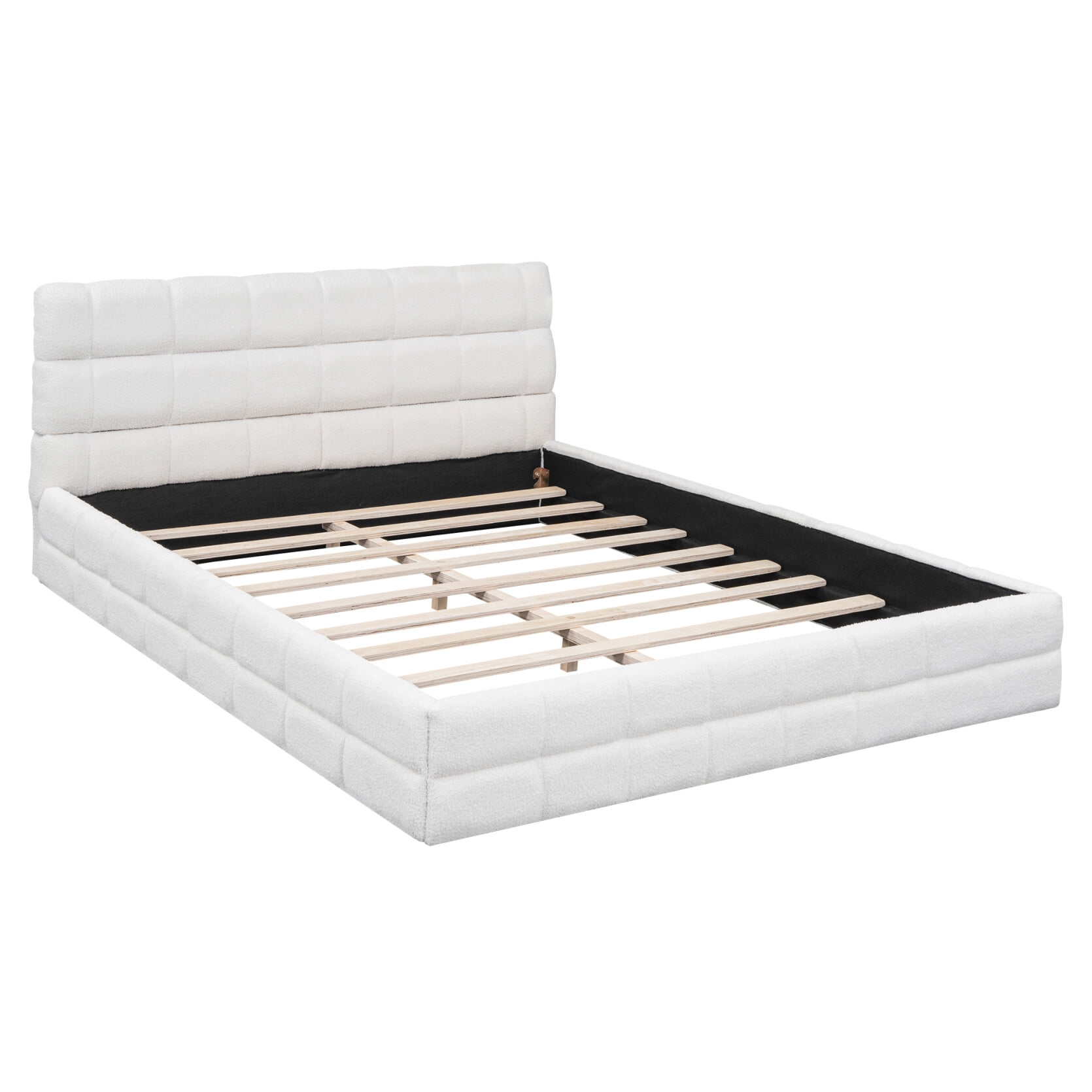 Queen Size Platform Bed, Boucle Upholstered Wooden Bed Frame with Headboard, Floor Bed with Slats Support, Noise Free, No Box Spring Needed, White