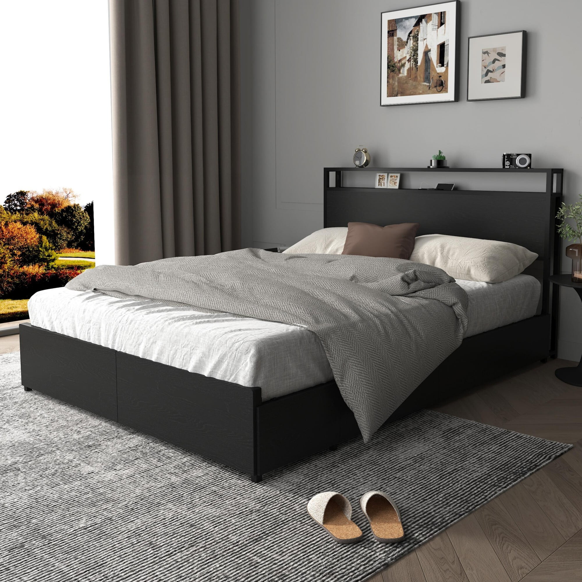 AENKYO Queen Size Bed Frame with LED Lights & 6 Drawers, Storage Headboard with Charging Station, Noise Free, Black