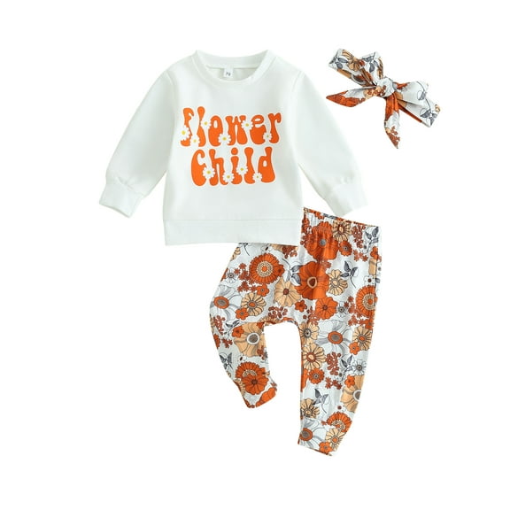 Wassery 3PCS Newborn Baby Girl Outfits Long Sleeve Letter Print Sweatshirt Tops Floral Print Bell Bottoms Headband 6 12 18 24 Months Infant Fall Clothes