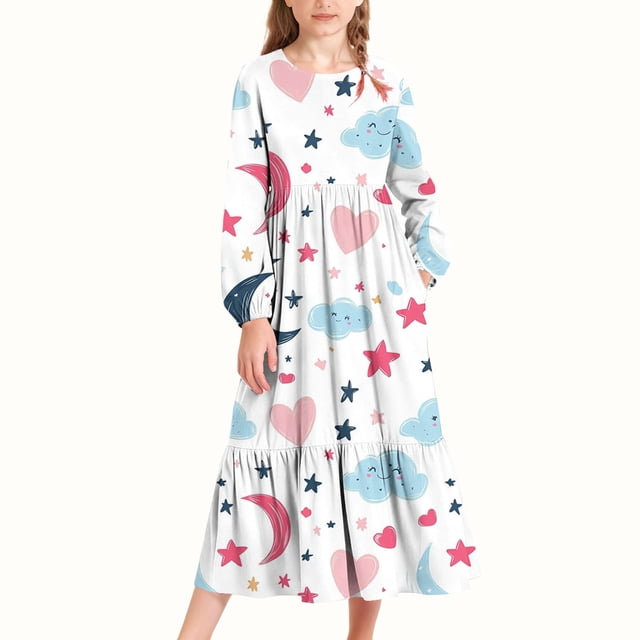 EGNMCR Robe à Manches Longues Imprimée pour Enfants avec Poches Latérales, Jupe Longue pour Fille, Robe en Polyester