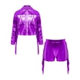 thumbnail image 3 of TSSOE Girls 90s Theme Concert Rave Disco Hip Hop Dance Outfit Cowgirl Shiny Metallic Fringe Jacket with Shorts Set Purple 10, 3 of 5