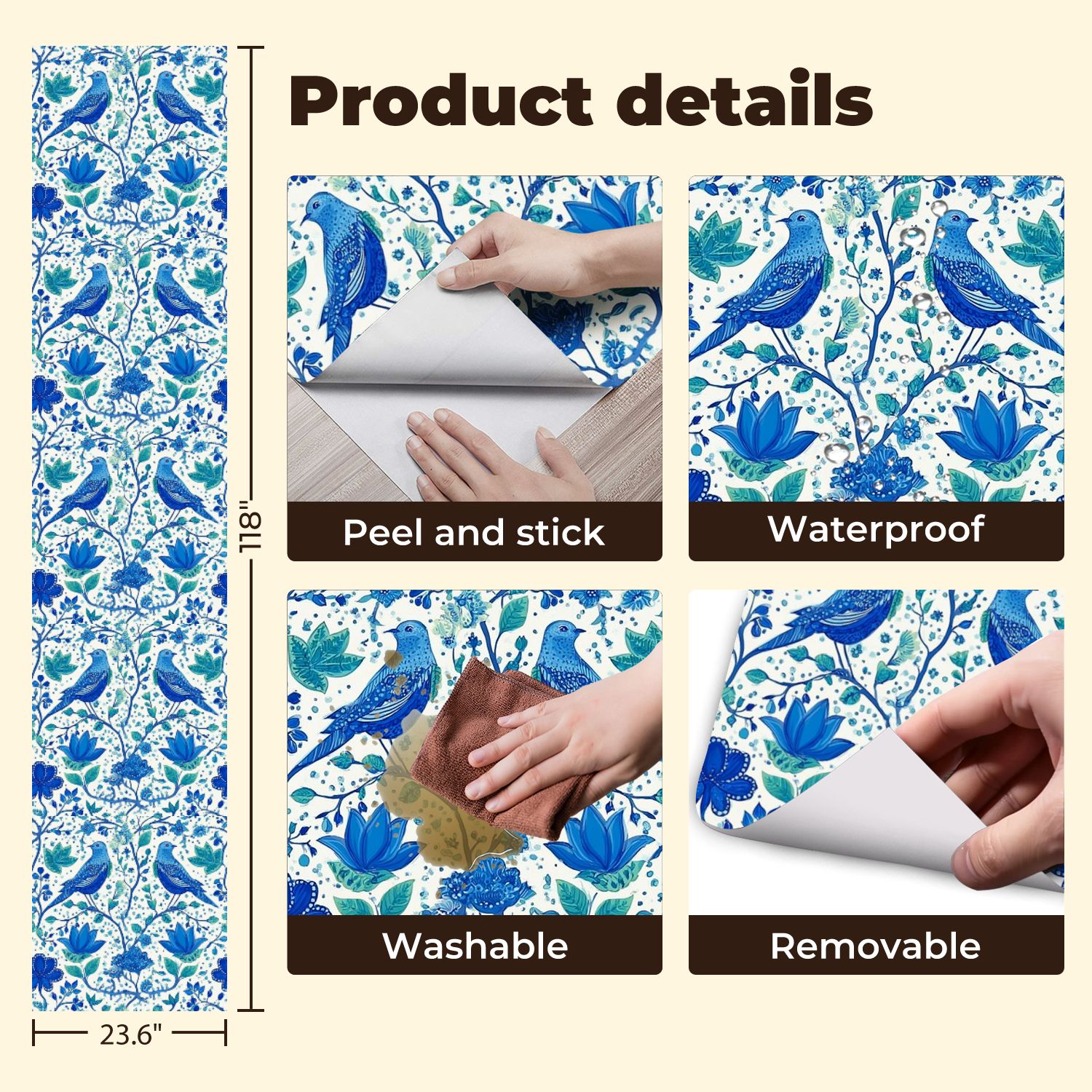Farmhouse Peel and Stick Wallpaper 23.6in x 9.8ft Blue Floral Birds Botanical Elements Contact Paper Vinyl Self-Adhesive Removable Wall Paper for Bedroom Kitchen Cabinet Renter Friendly