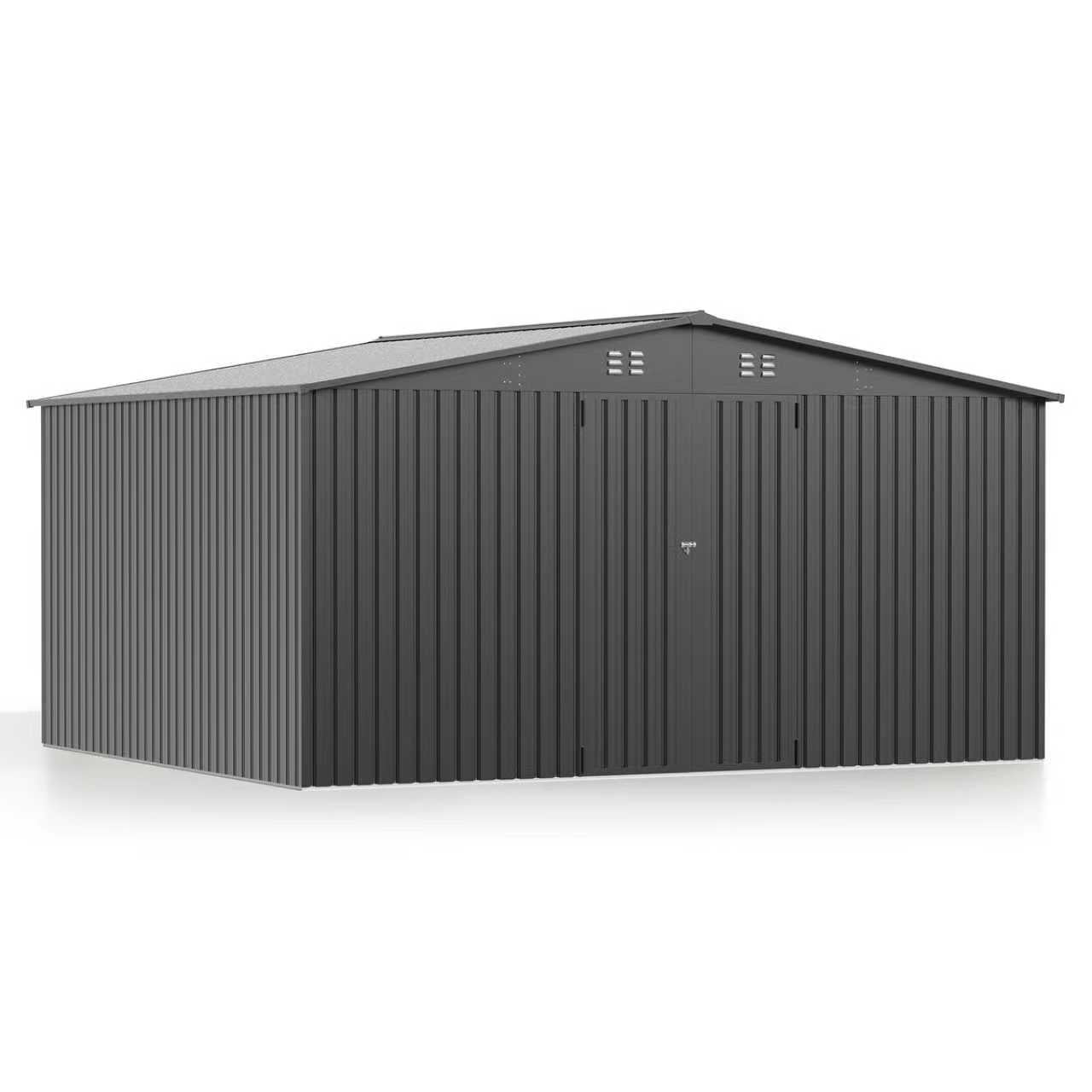 PABIMIA 14 FT x 12 FT Heavy-Duty Steel Outdoor Storage Shed, Garden Tool Shed with Lockable Doors, Black Roof