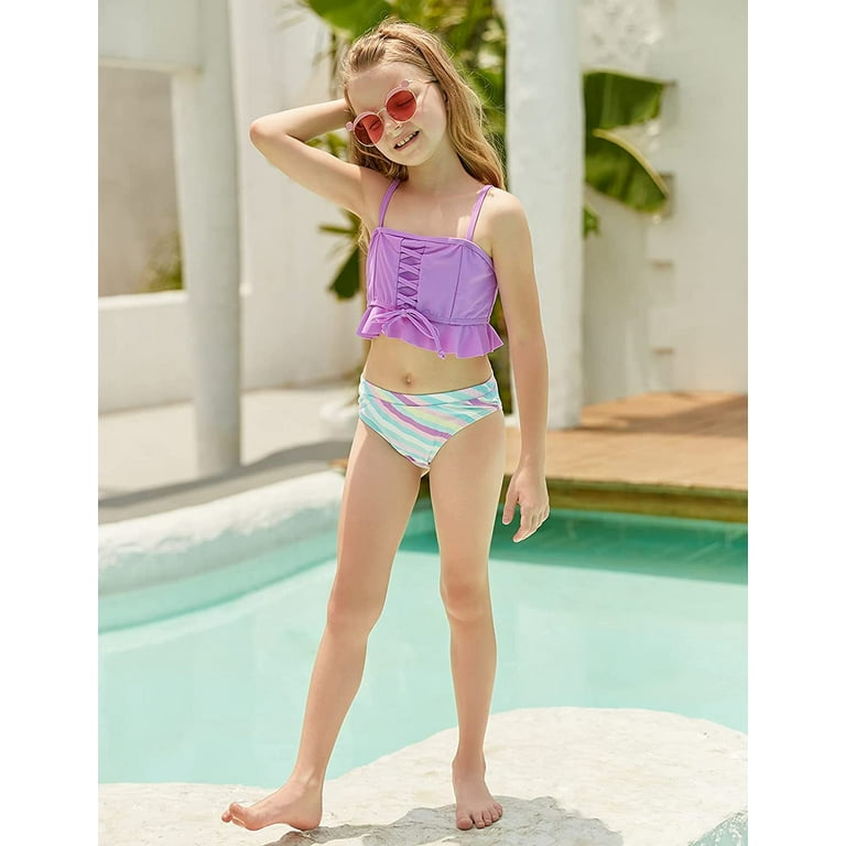 I detaljer kubiske gåde Girls Swimsuits Two Piece Ruffled Bikini High Waisted Bathing Suits Toddler  Kids Swimwear Purple Two Piece Bikini 11-12 Years - Walmart.com