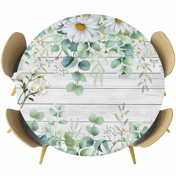 Green Eucalyptus Leaves Round Tablecloth, Fitted Table Cover with Elastic for 36"-44" Round Tables, Daisy Floral Summer Botanical Wooden Table Cloth Outdoor Dinning Party Waterproof Tablecloths