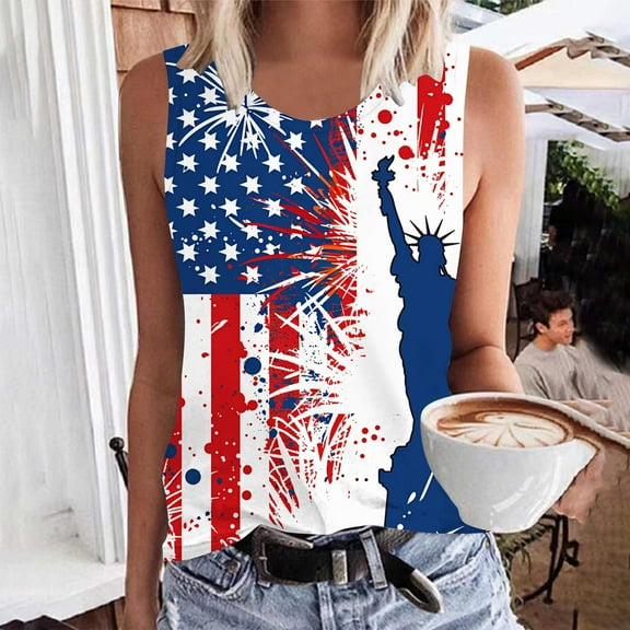 VKOYWKM 4th of July Tank Tops for Women American Flag Graphic Sleeveless Shirts Patriotic Crew Neck USA Flag Independence Day Tops